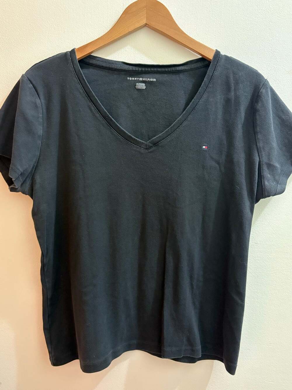 Tommy Hilfiger Embroidered Flag Logo Black V-Neck Tee